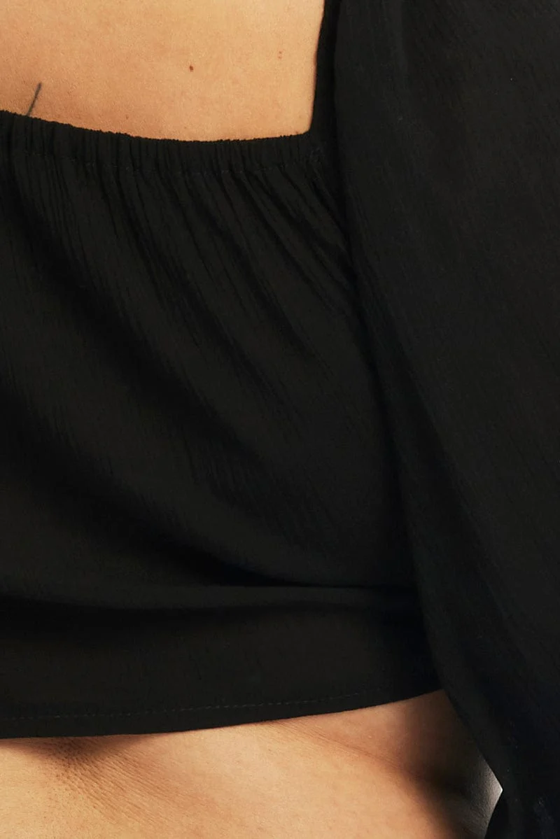Black Bolero Jacket Tie Front Wrap Puff Sleeve - Image 5