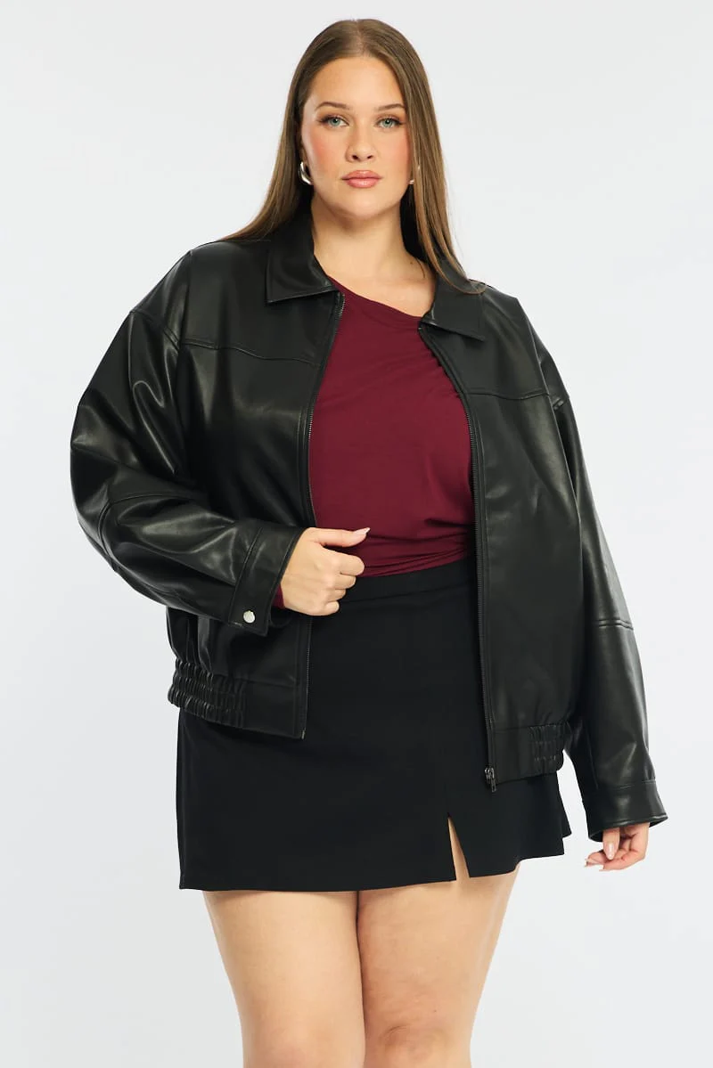 Black Bomber Jacket Faux Leather - Image 2