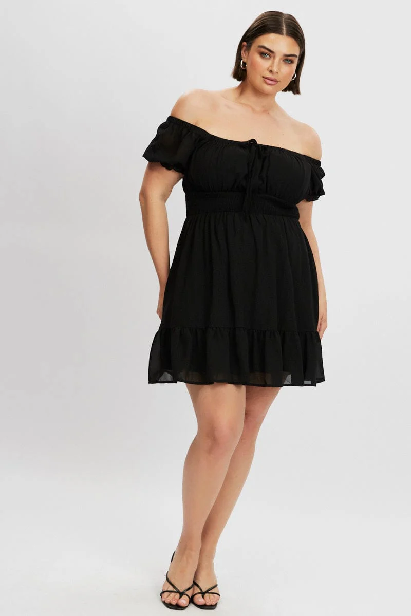 Black Bow Front Shirred Waist Mini Dress - Image 2