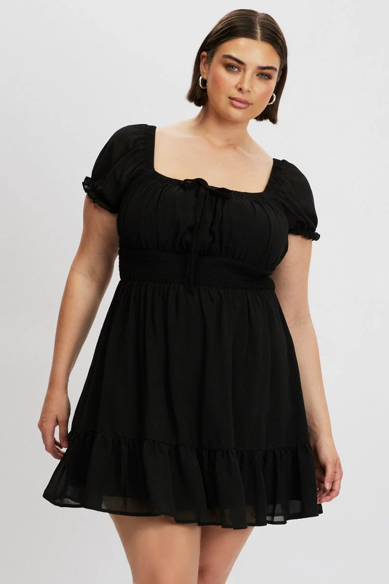 Black Bow Front Shirred Waist Mini Dress - Image 3