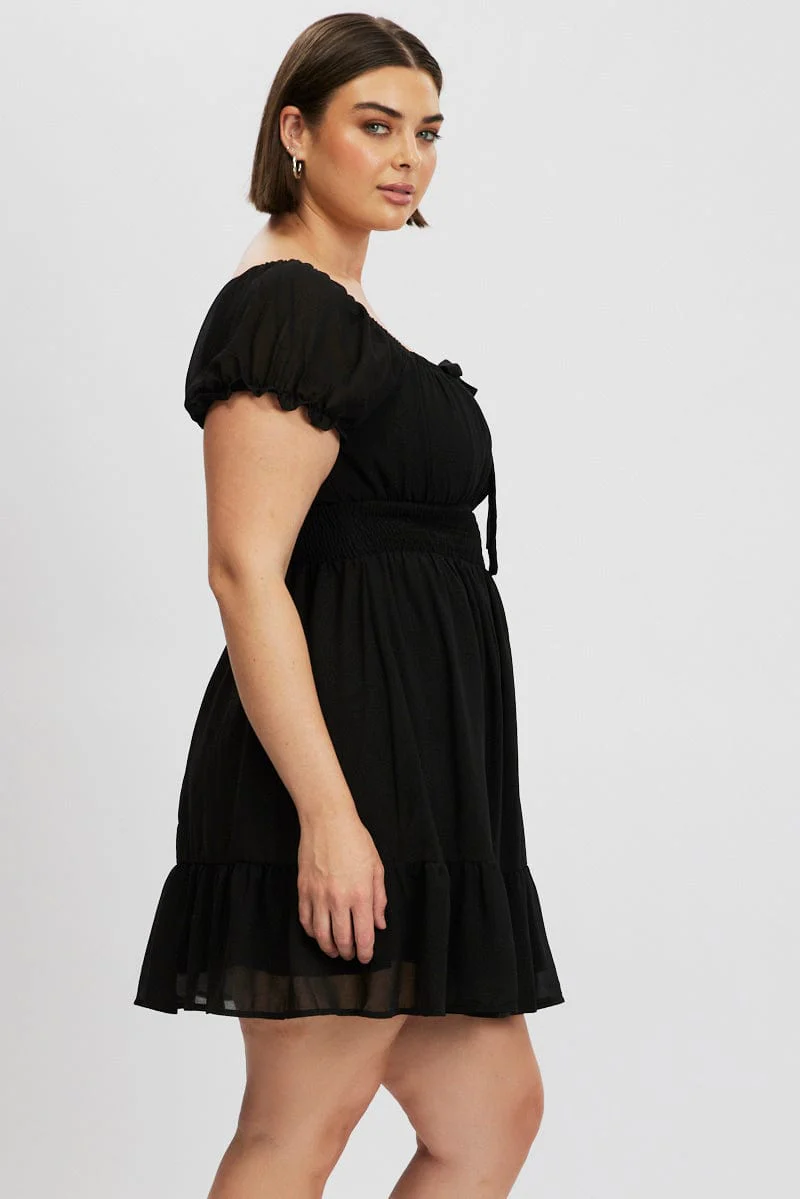 Black Bow Front Shirred Waist Mini Dress - Image 4