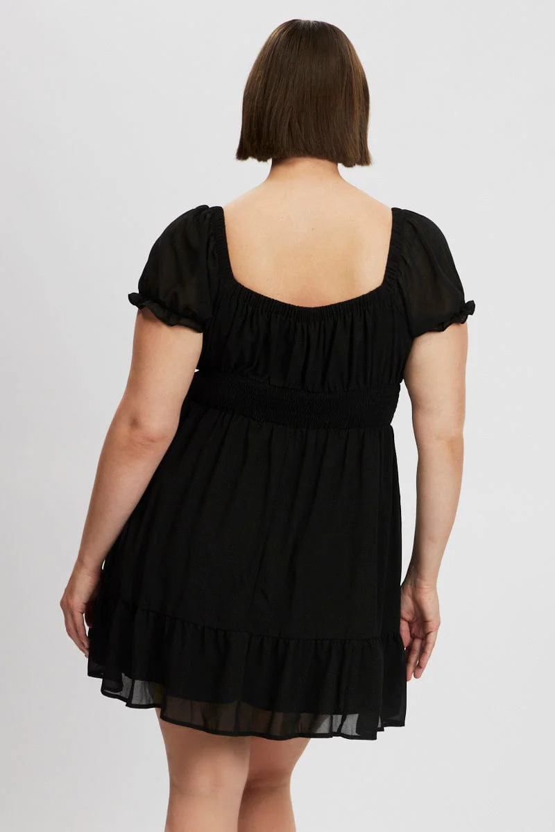 Black Bow Front Shirred Waist Mini Dress - Image 5