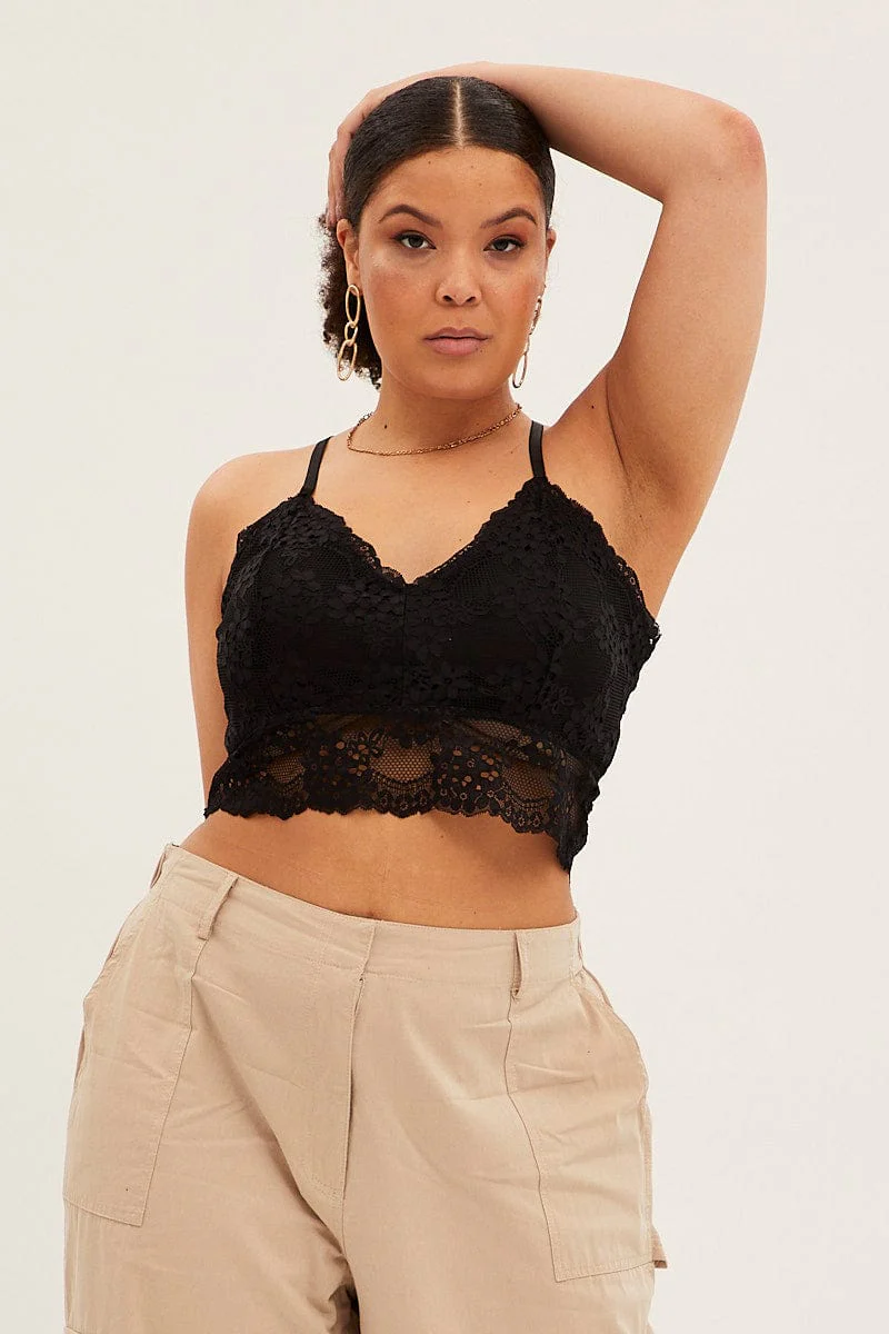 Black Bralette Top Shoestring Strap Lace - Image 3