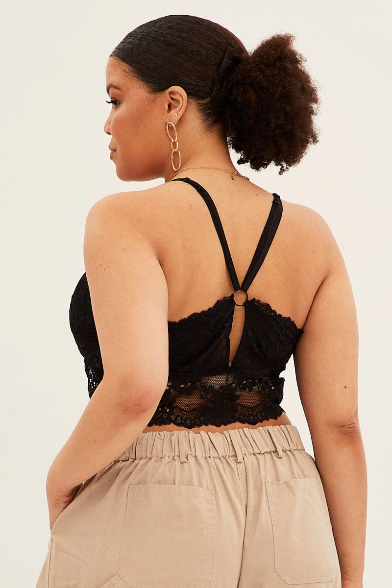 Black Bralette Top Shoestring Strap Lace - Image 5
