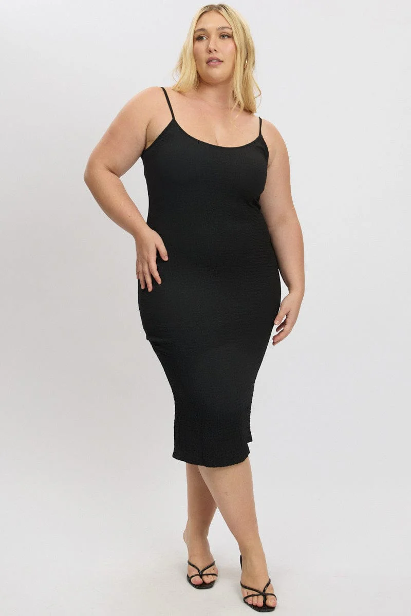 Black Bubble Texture Strappy Bodycon Scoop Neck Dress - Image 2
