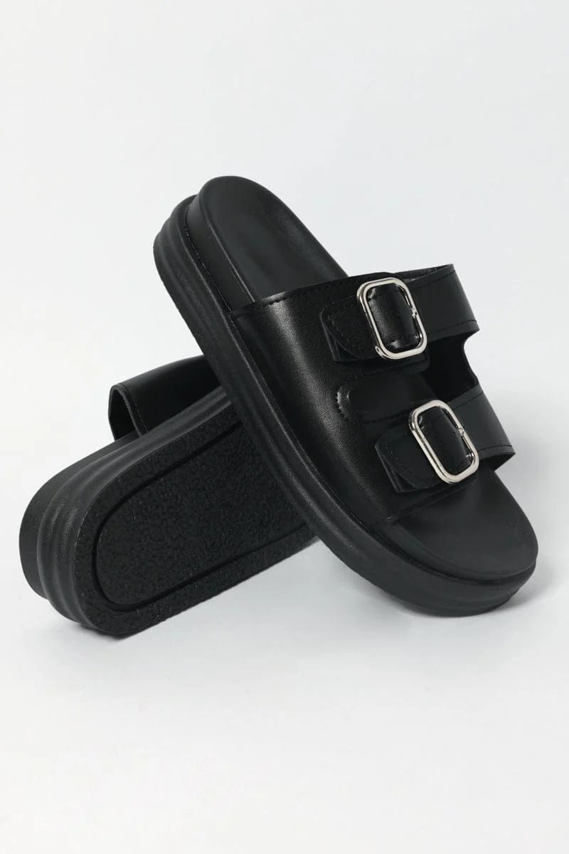 Black Buckle Detail Chunky Sandals - Image 3