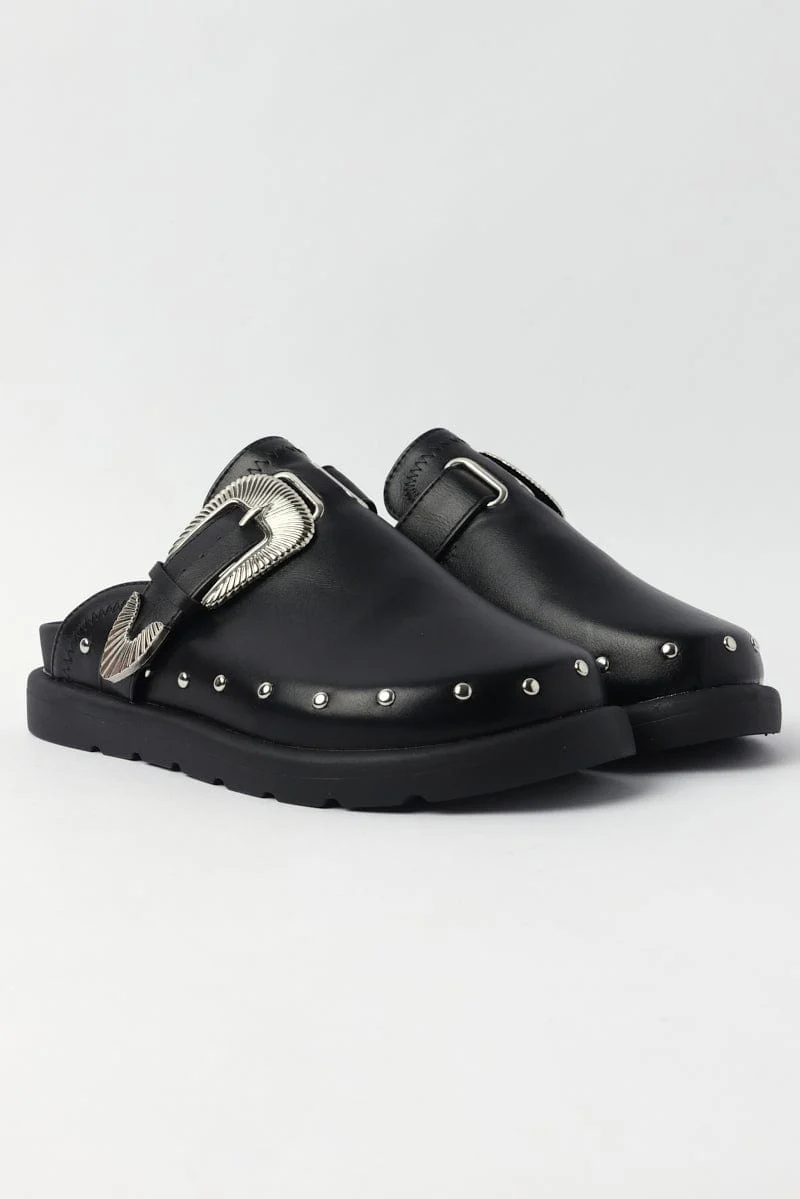 Black Buckled Detail Mule Clogs