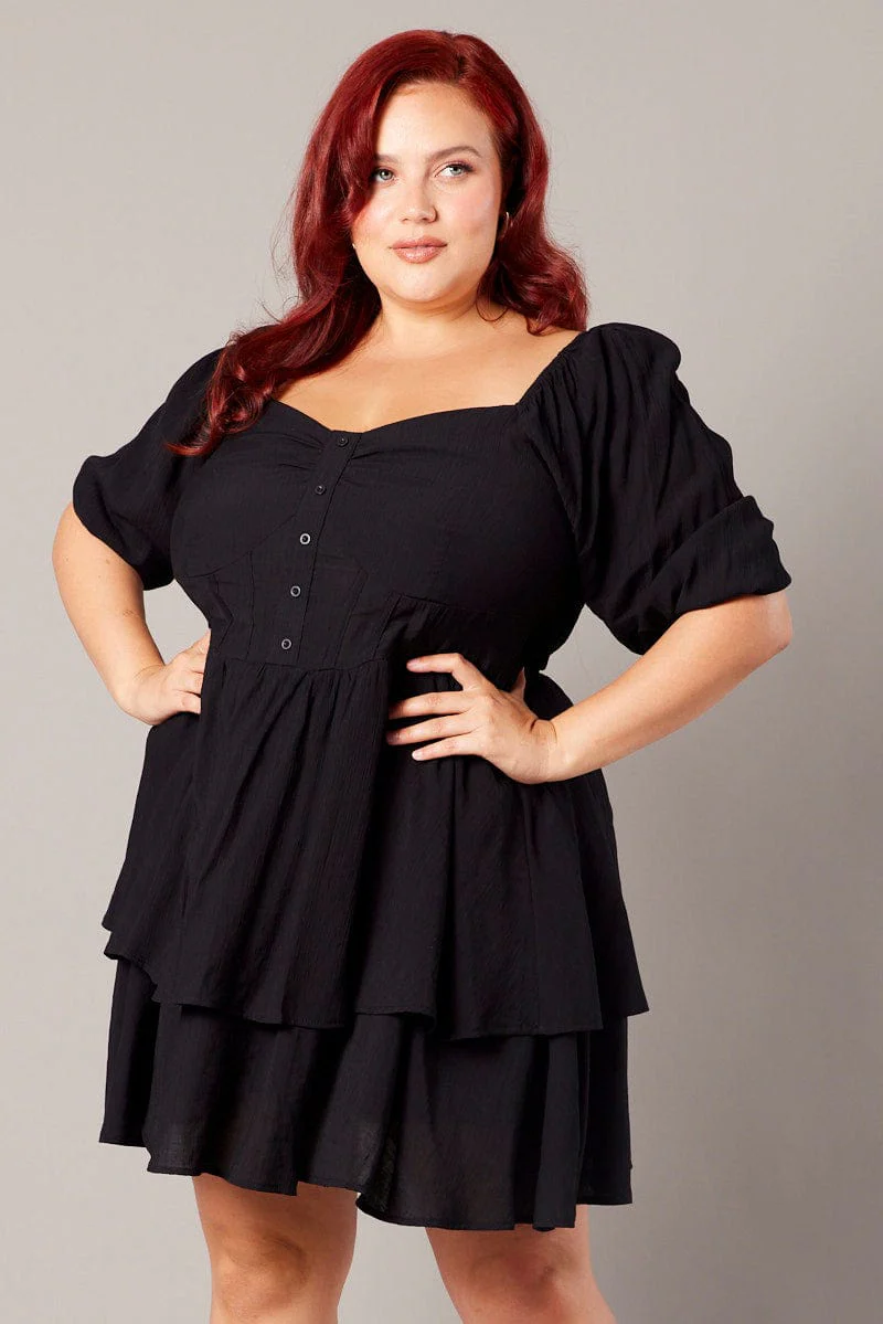 Black Button Detail Corset Mini Dress - Image 2