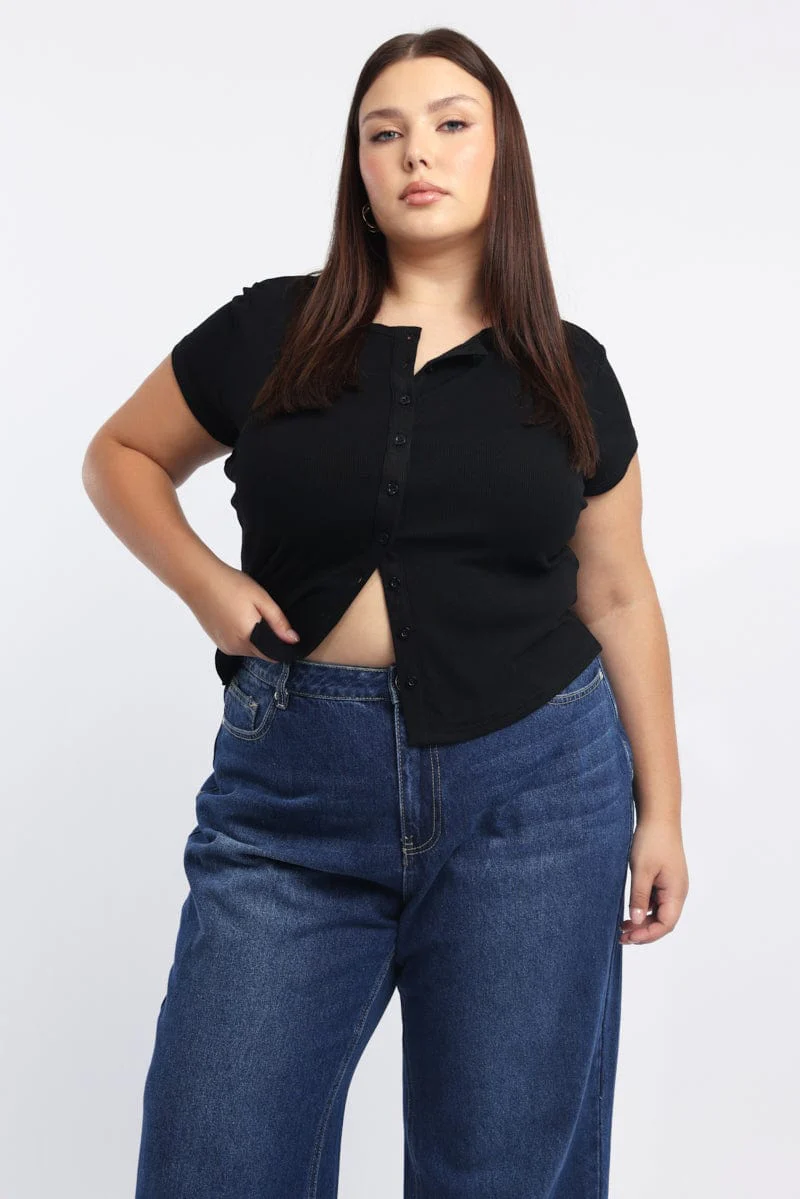 Black Button Down Top Short Sleeve Crew Neck - Image 2