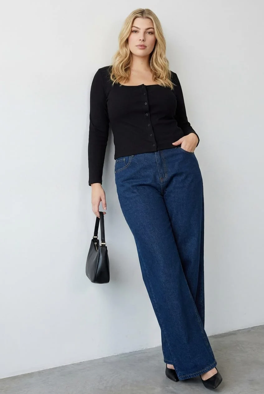 Black Button Front Top Long Sleeve Rib