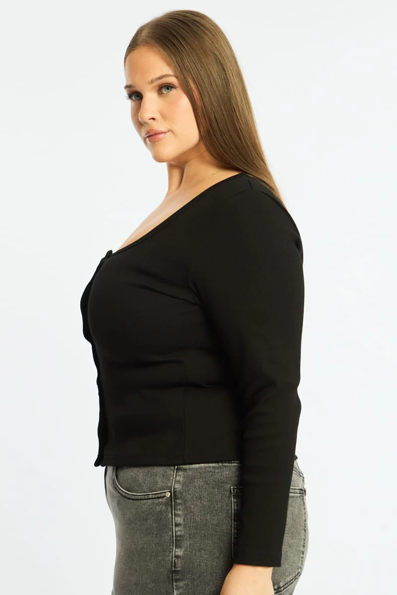 Black Button Front Top Long Sleeve Rib - Image 4
