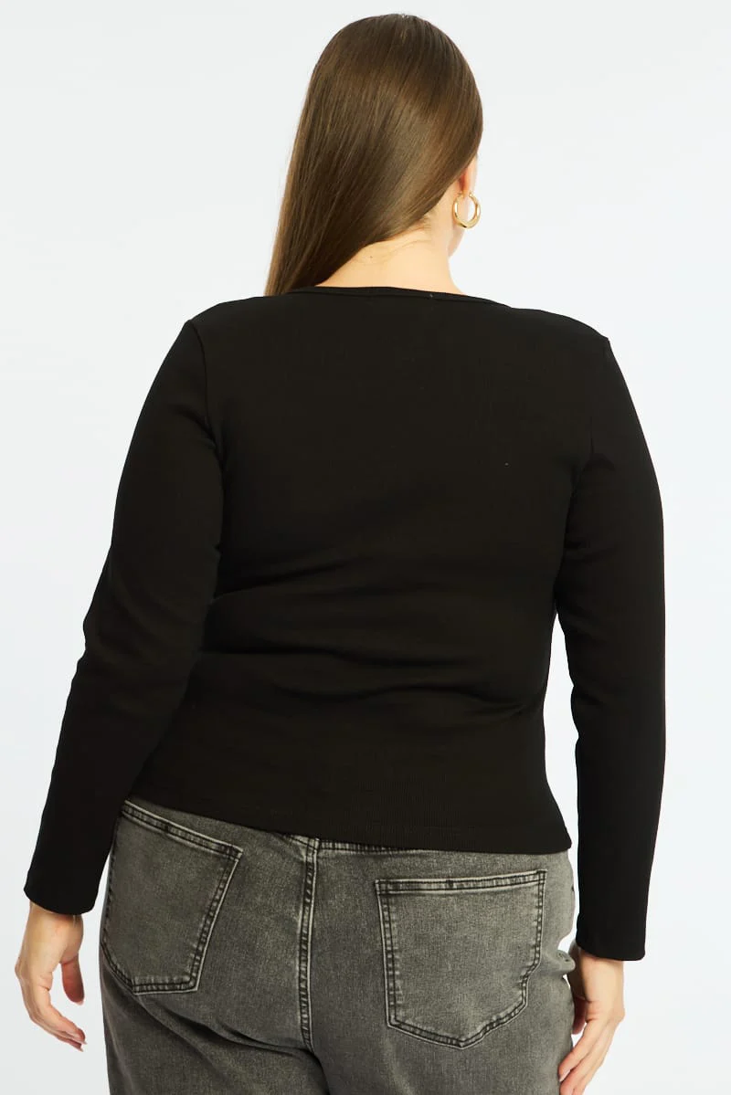 Black Button Front Top Long Sleeve Rib - Image 5