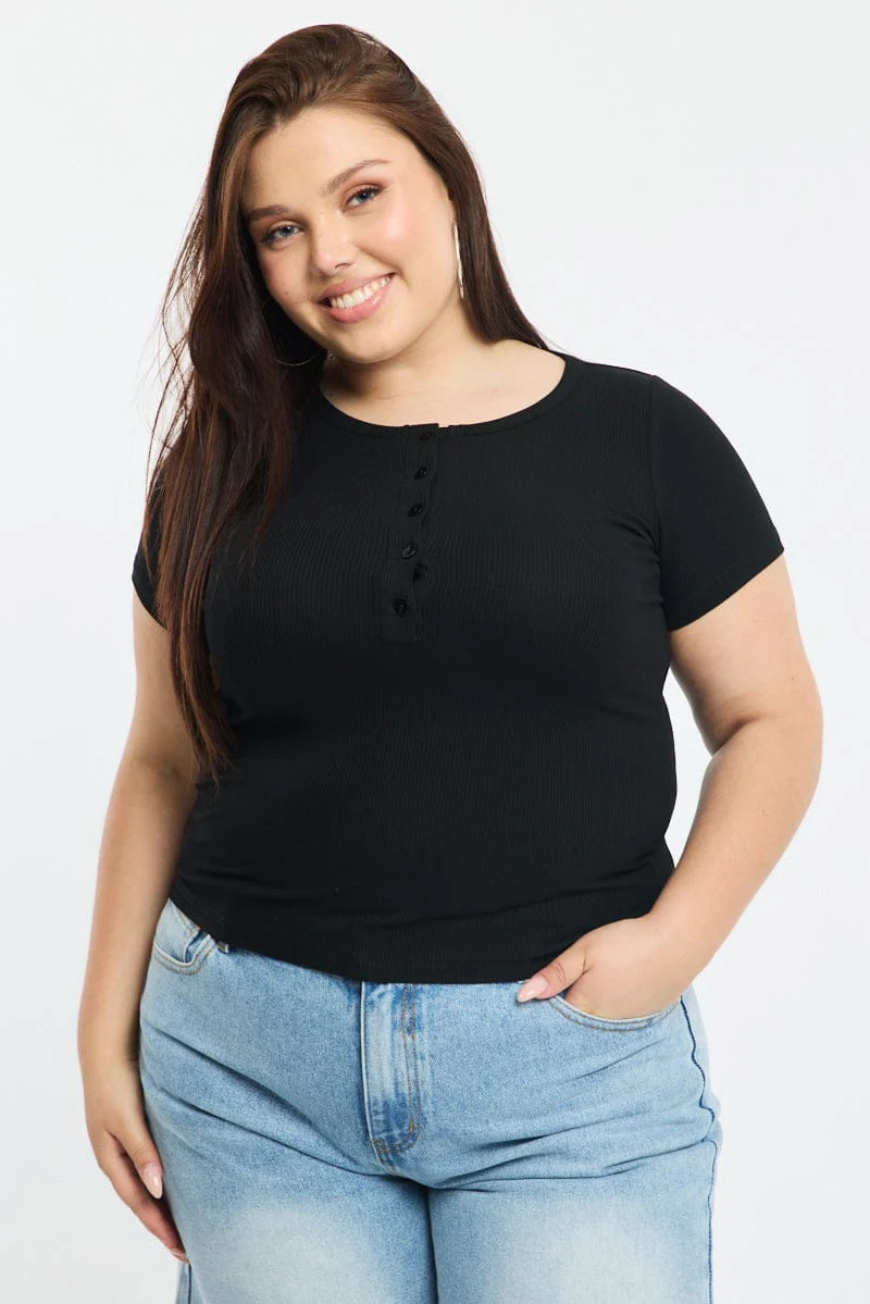 Black Button Front Top Short Sleeve Rib