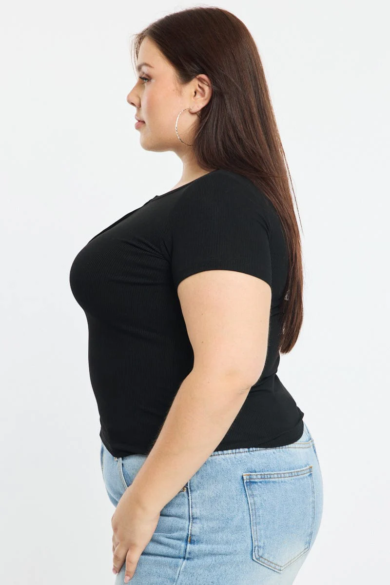 Black Button Front Top Short Sleeve Rib - Image 3