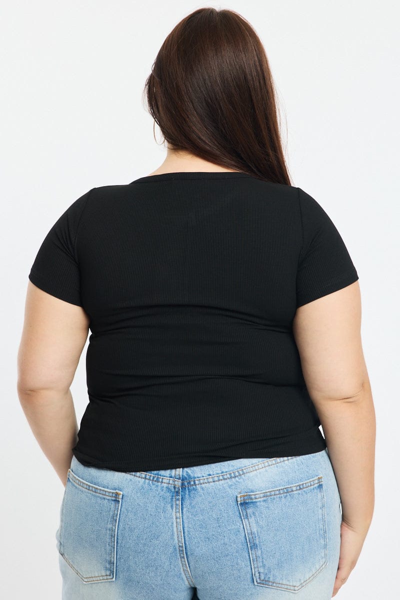 Black Button Front Top Short Sleeve Rib - Image 4