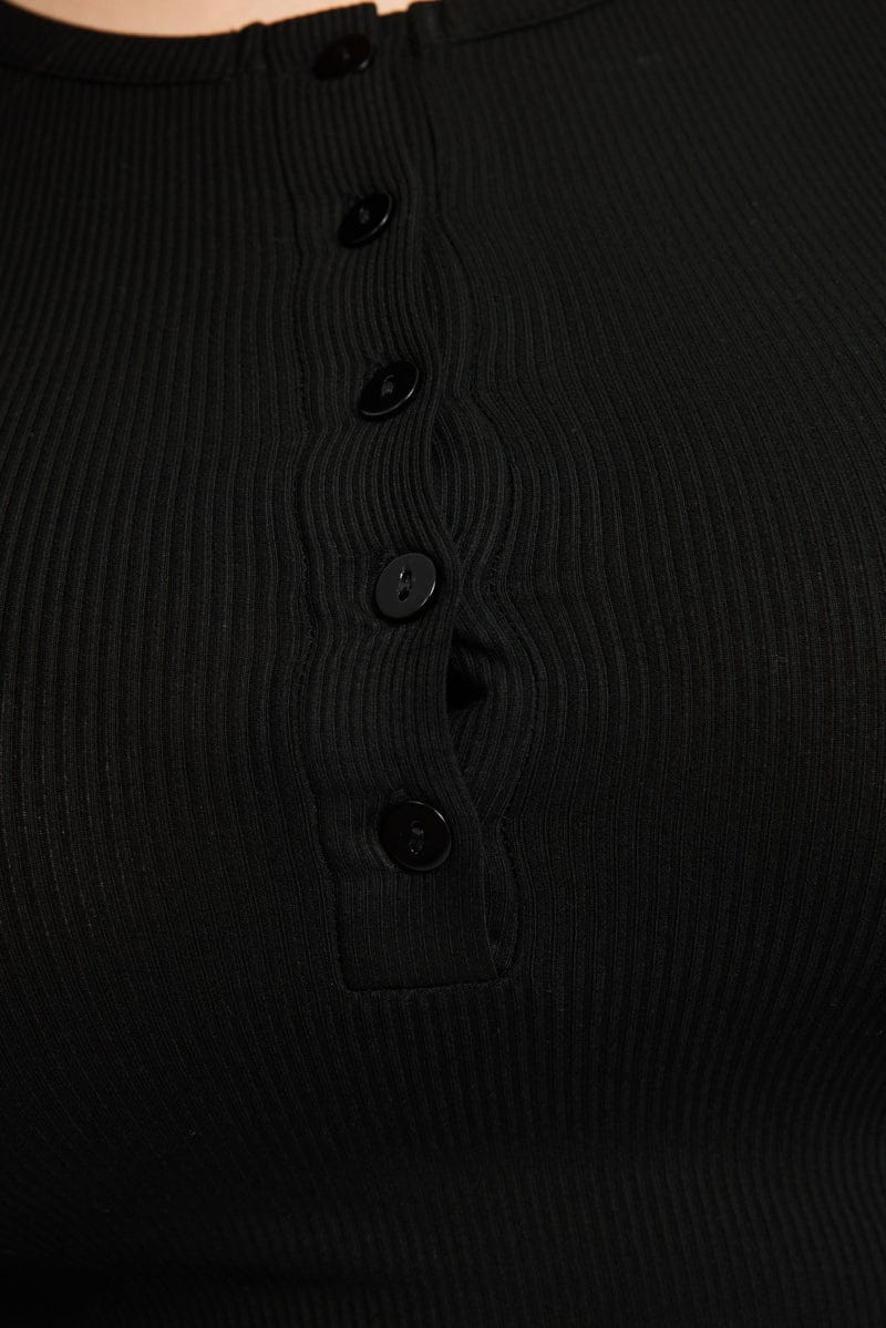 Black Button Front Top Short Sleeve Rib - Image 5