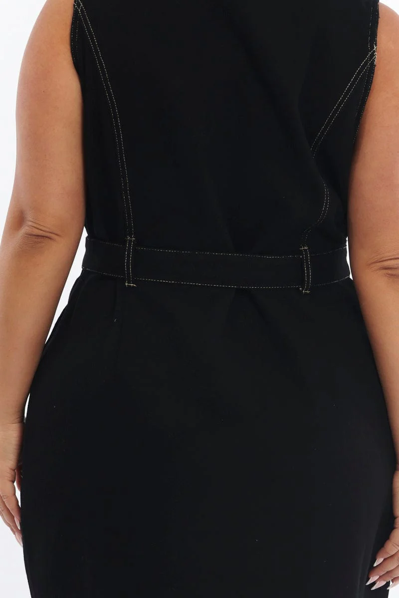 Black Button Thru Denim Sleeveless Dress - Image 5