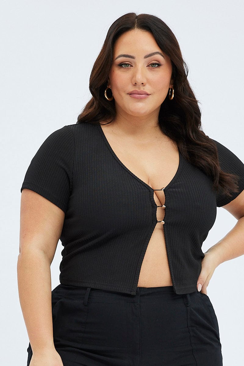 Black Button Top Short Sleeve Textured Rib - Image 3
