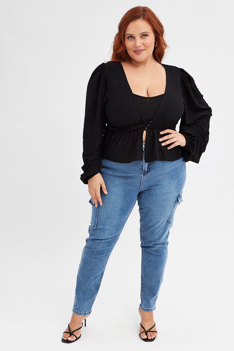 Black Button Top Textured Jersey V-neck - Image 2