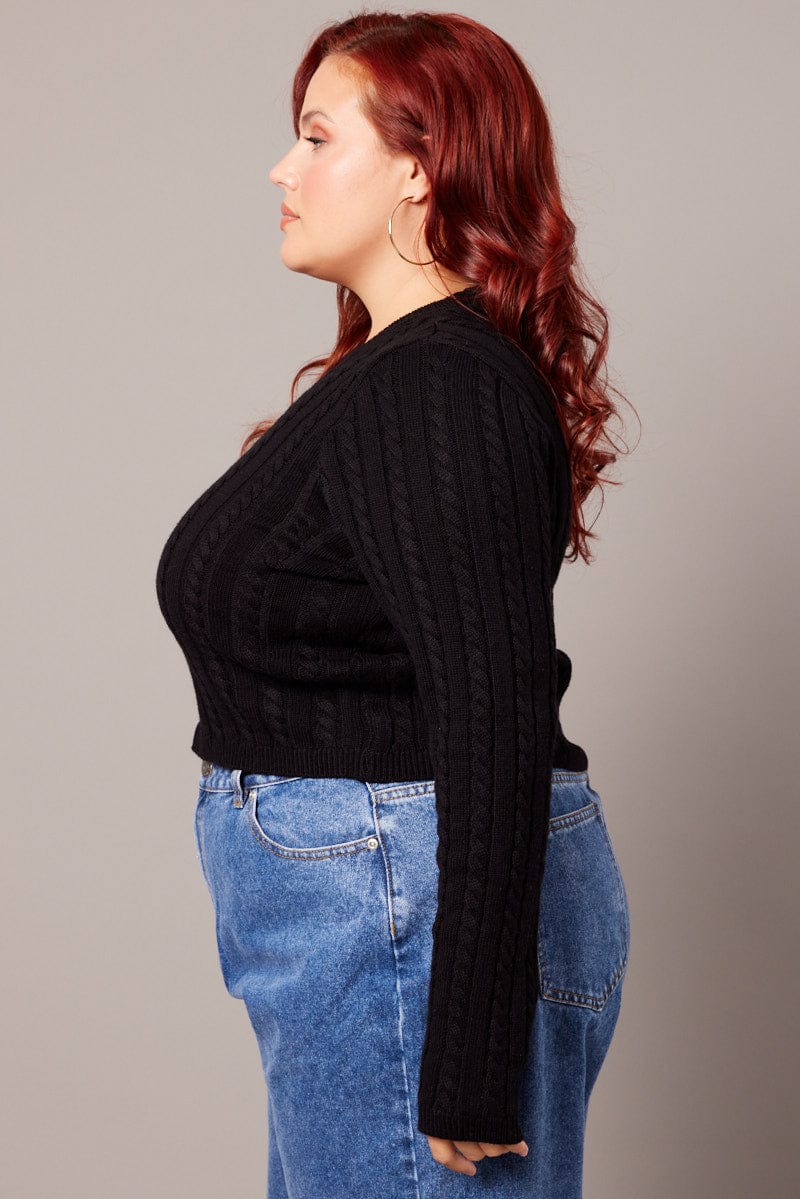 Black Cable Knit Top Long Sleeve Crew Neck - Image 4