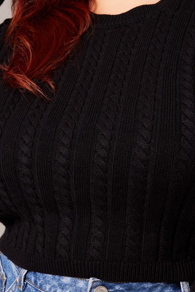 Black Cable Knit Top Long Sleeve Crew Neck - Image 6