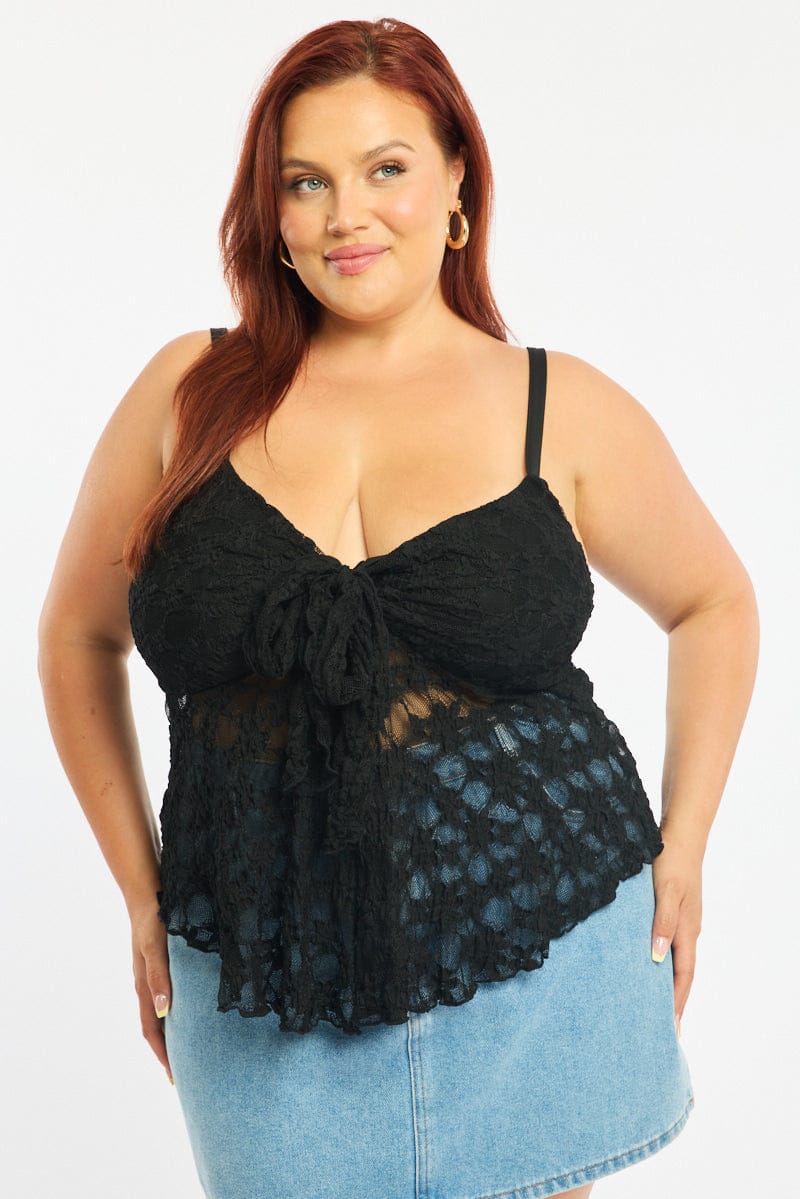 Black Cami Top Sleeveless Tie Front Lace