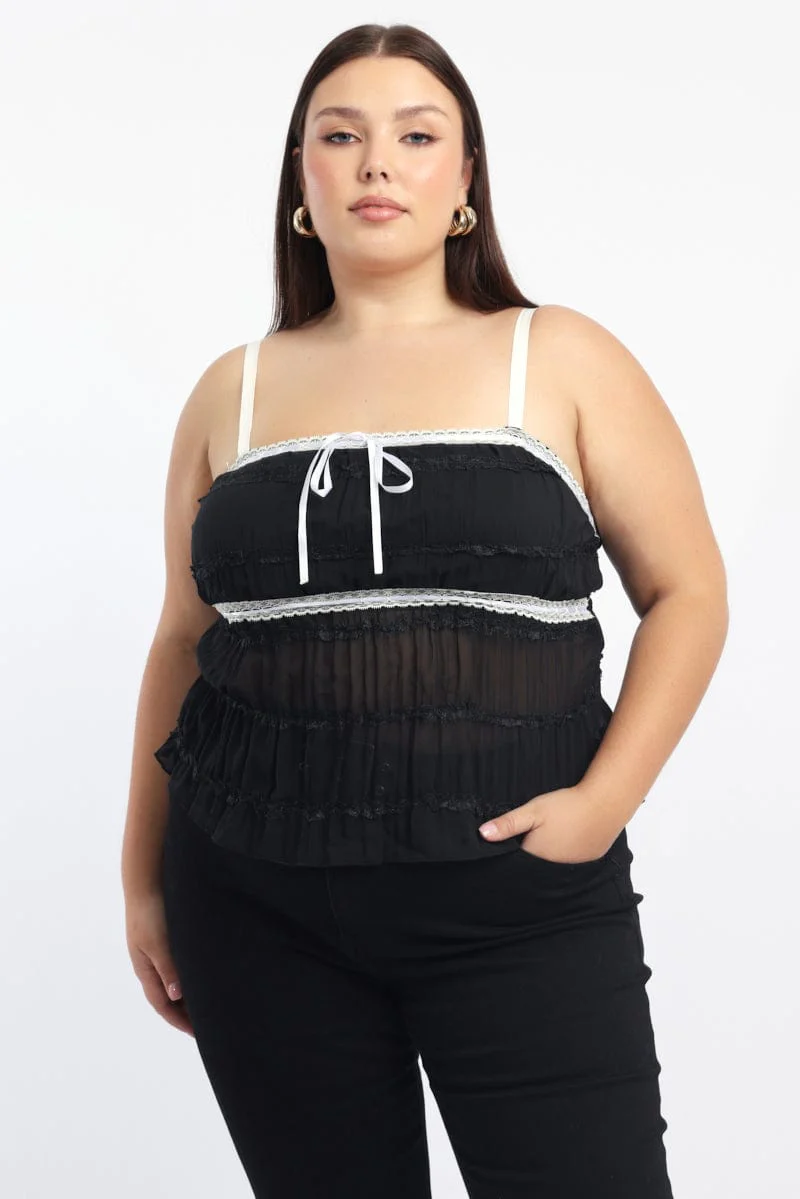 Black Cami Top Textured Contrast Ribbon