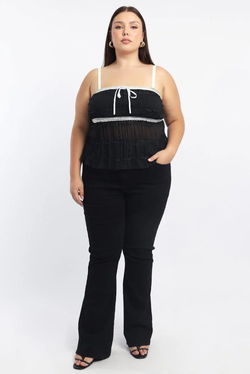 Black Cami Top Textured Contrast Ribbon - Image 2