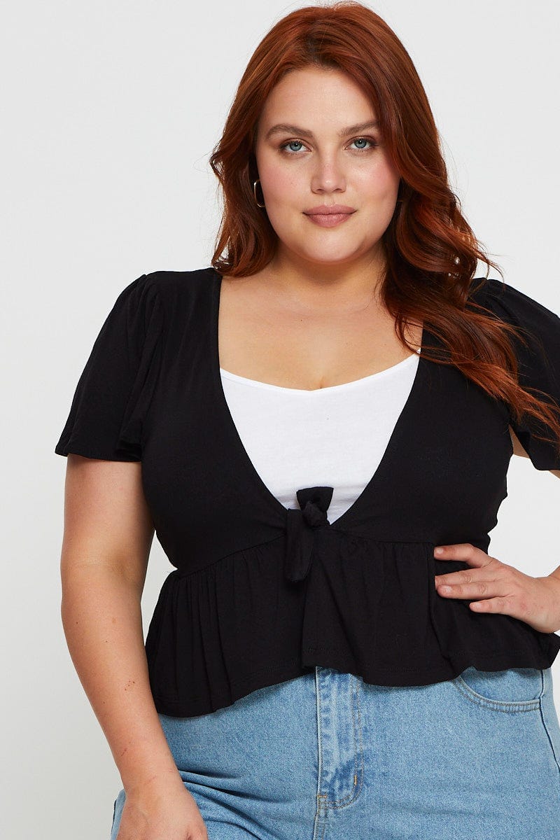 Black Cardigan Short Sleeve Jersey Tie Up - Image 5