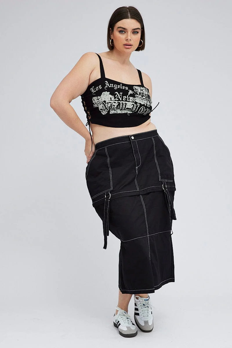 Black Cargo Midi Skirt Detachable Hem - Image 3