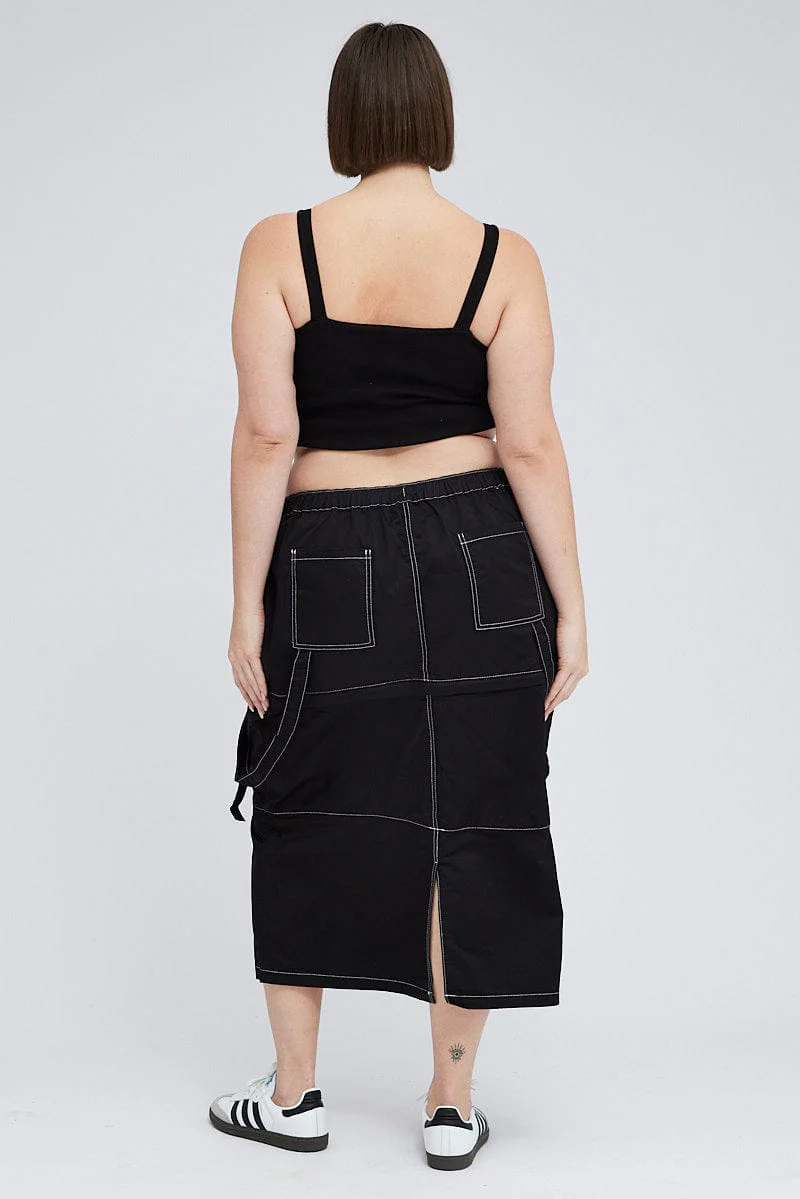 Black Cargo Midi Skirt Detachable Hem - Image 4