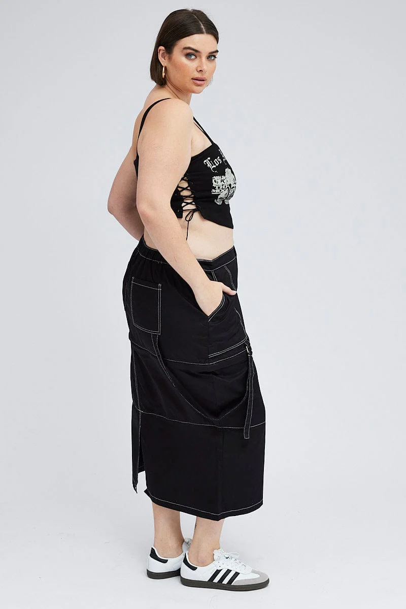 Black Cargo Midi Skirt Detachable Hem - Image 5