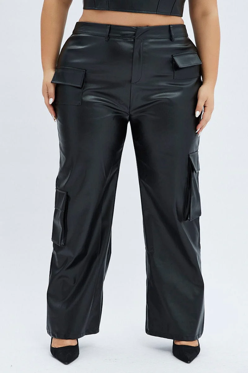 Black Cargo Pants Straight Fit High Rise Faux Leather - Image 3