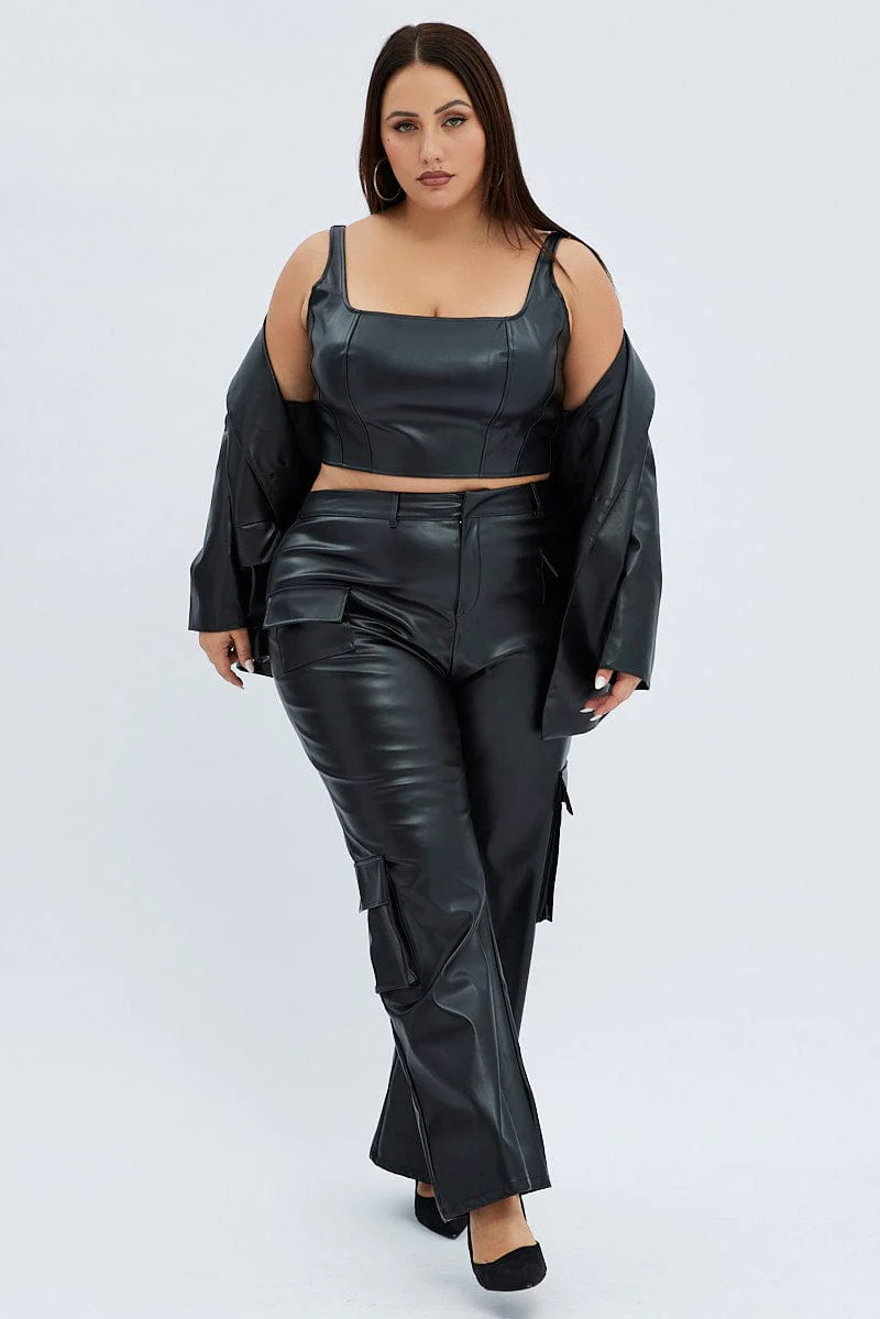 Black Cargo Pants Straight Fit High Rise Faux Leather - Image 4