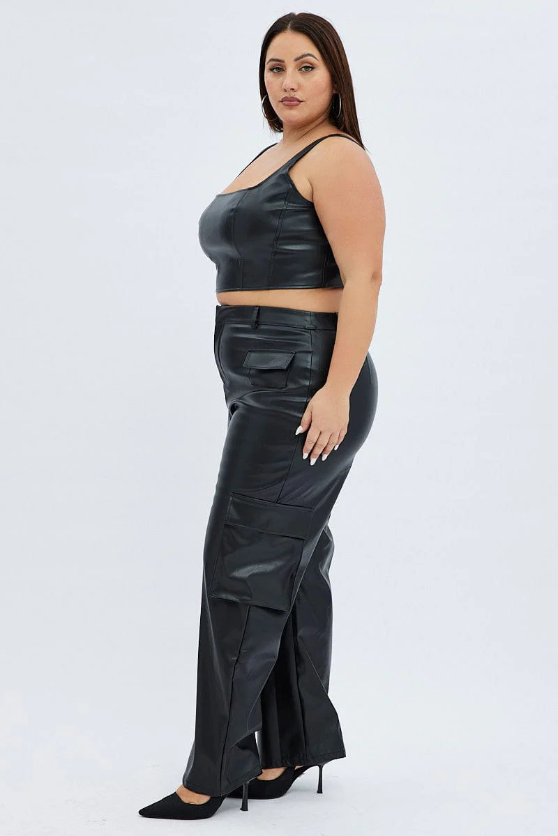 Black Cargo Pants Straight Fit High Rise Faux Leather - Image 5