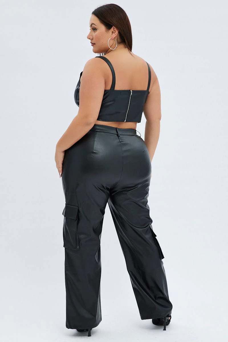 Black Cargo Pants Straight Fit High Rise Faux Leather - Image 6