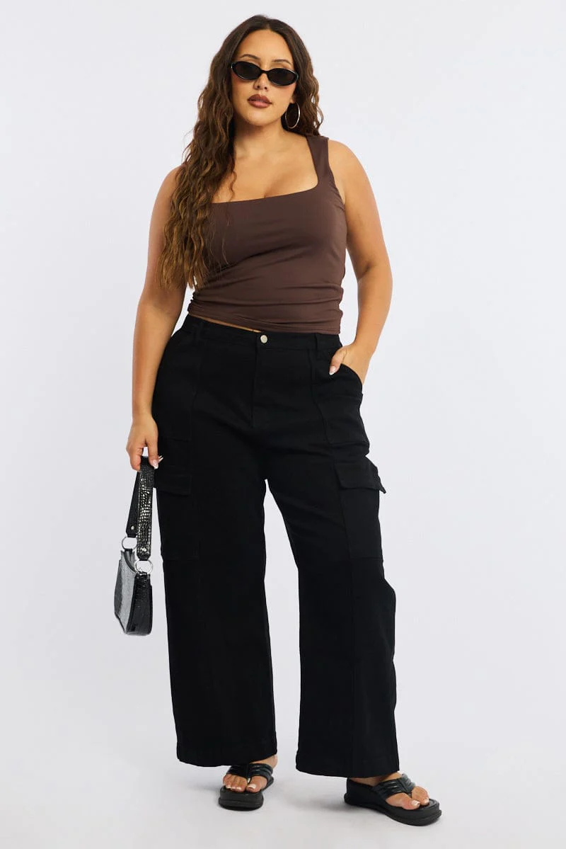 Black Cargo Pants Stretch Cotton Elastic Waist