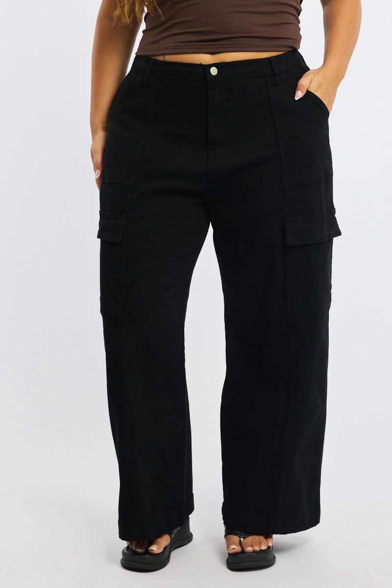 Black Cargo Pants Stretch Cotton Elastic Waist - Image 2