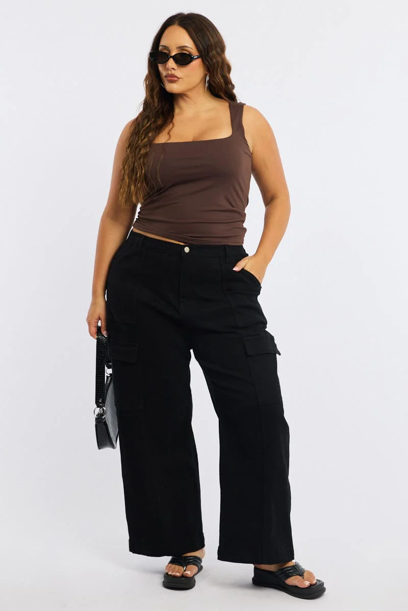 Black Cargo Pants Stretch Cotton Elastic Waist - Image 3
