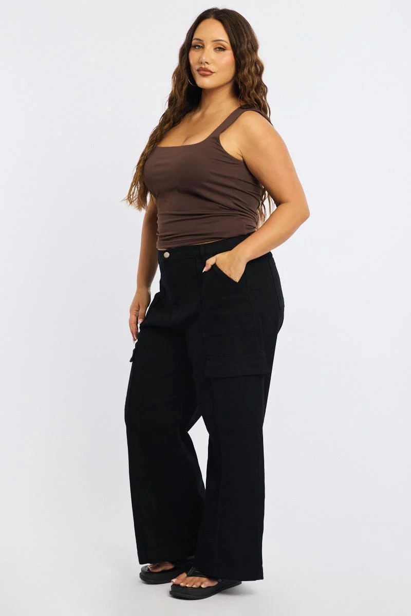Black Cargo Pants Stretch Cotton Elastic Waist - Image 4