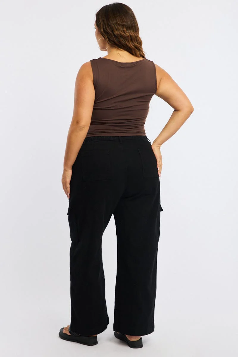 Black Cargo Pants Stretch Cotton Elastic Waist - Image 5