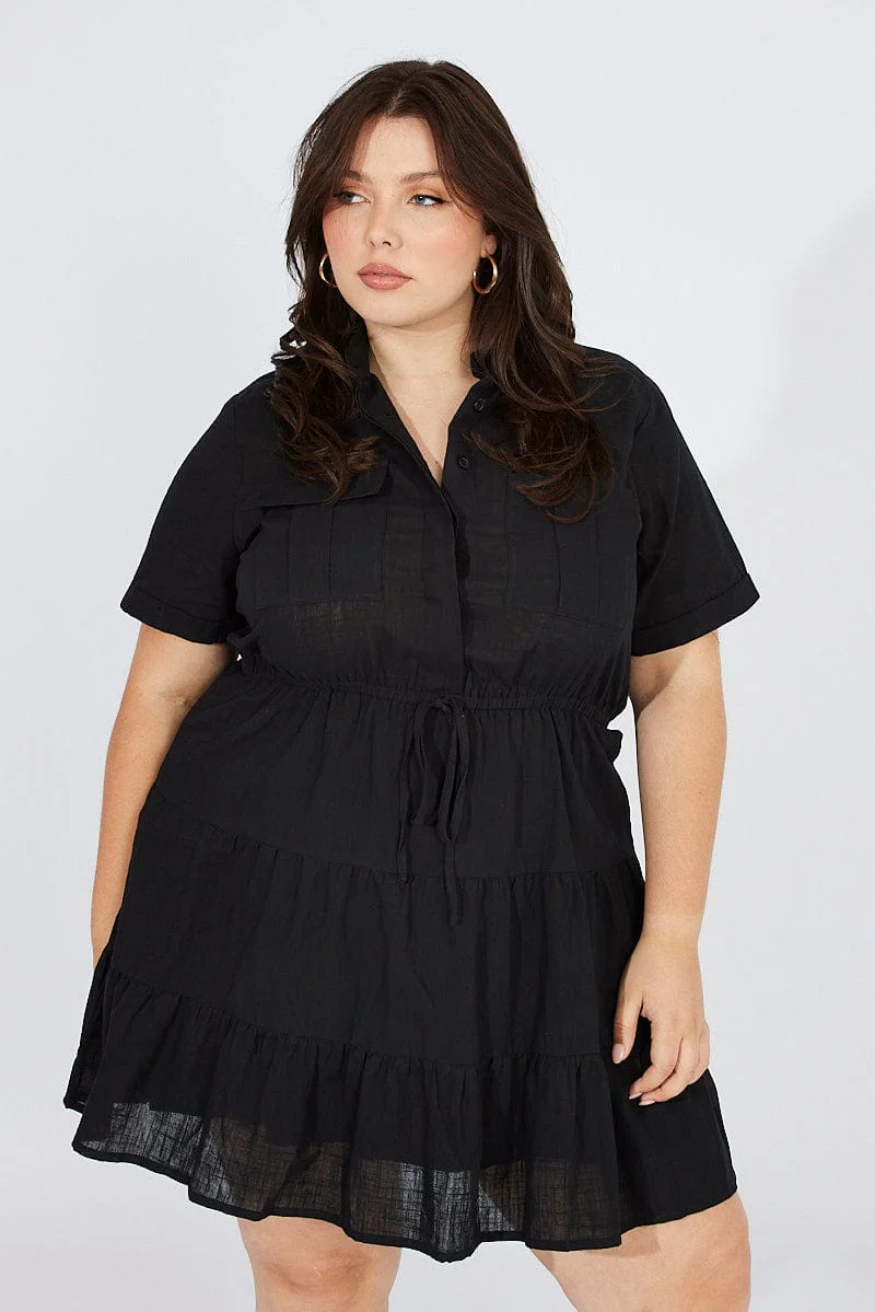 Black Cargo Shirtdress Short Sleeve Cotton Mini - Image 3