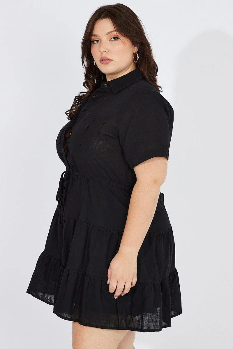 Black Cargo Shirtdress Short Sleeve Cotton Mini - Image 4