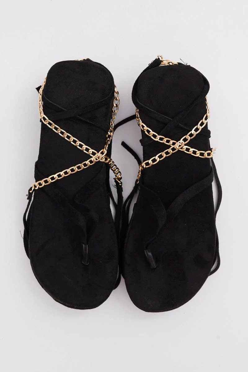 Black Chain Decor Tie Leg Toe Post Wedge Thong Sandals - Image 2