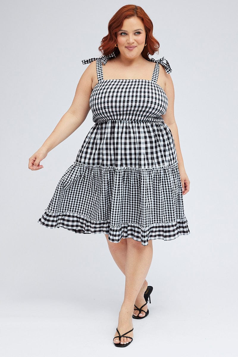 Black Check Fit And Flare Dress Sleeveless Shirred - Image 2