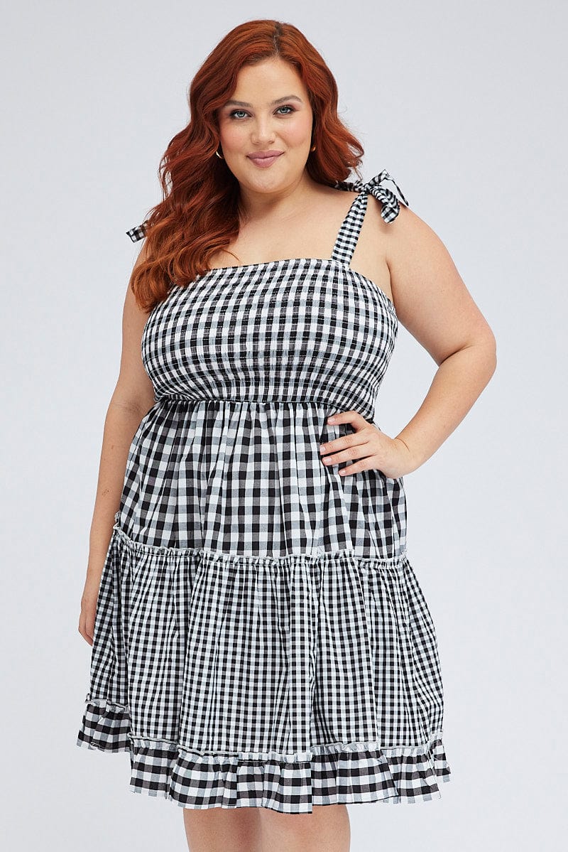Black Check Fit And Flare Dress Sleeveless Shirred - Image 3