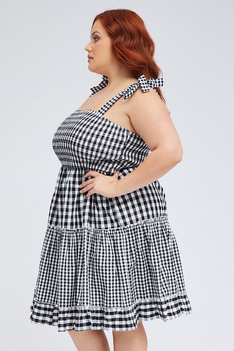 Black Check Fit And Flare Dress Sleeveless Shirred - Image 4