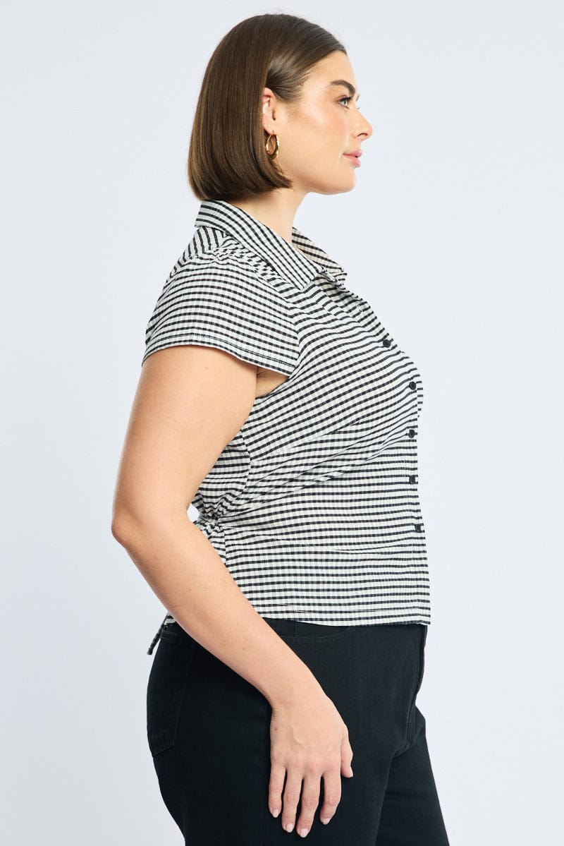 Black Check Fitted Shirt Short Sleeve Textured - Image 3