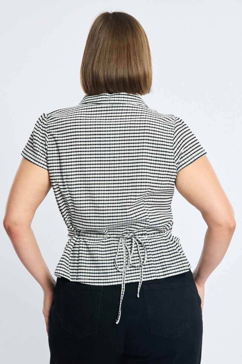 Black Check Fitted Shirt Short Sleeve Textured - Image 4