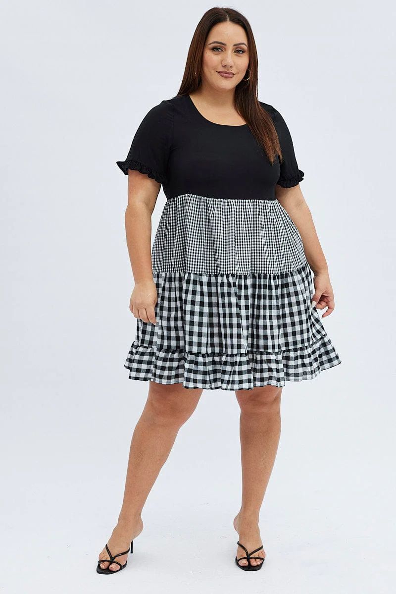 Black Check Mini Dress Short Sleeve Tiered - Image 2